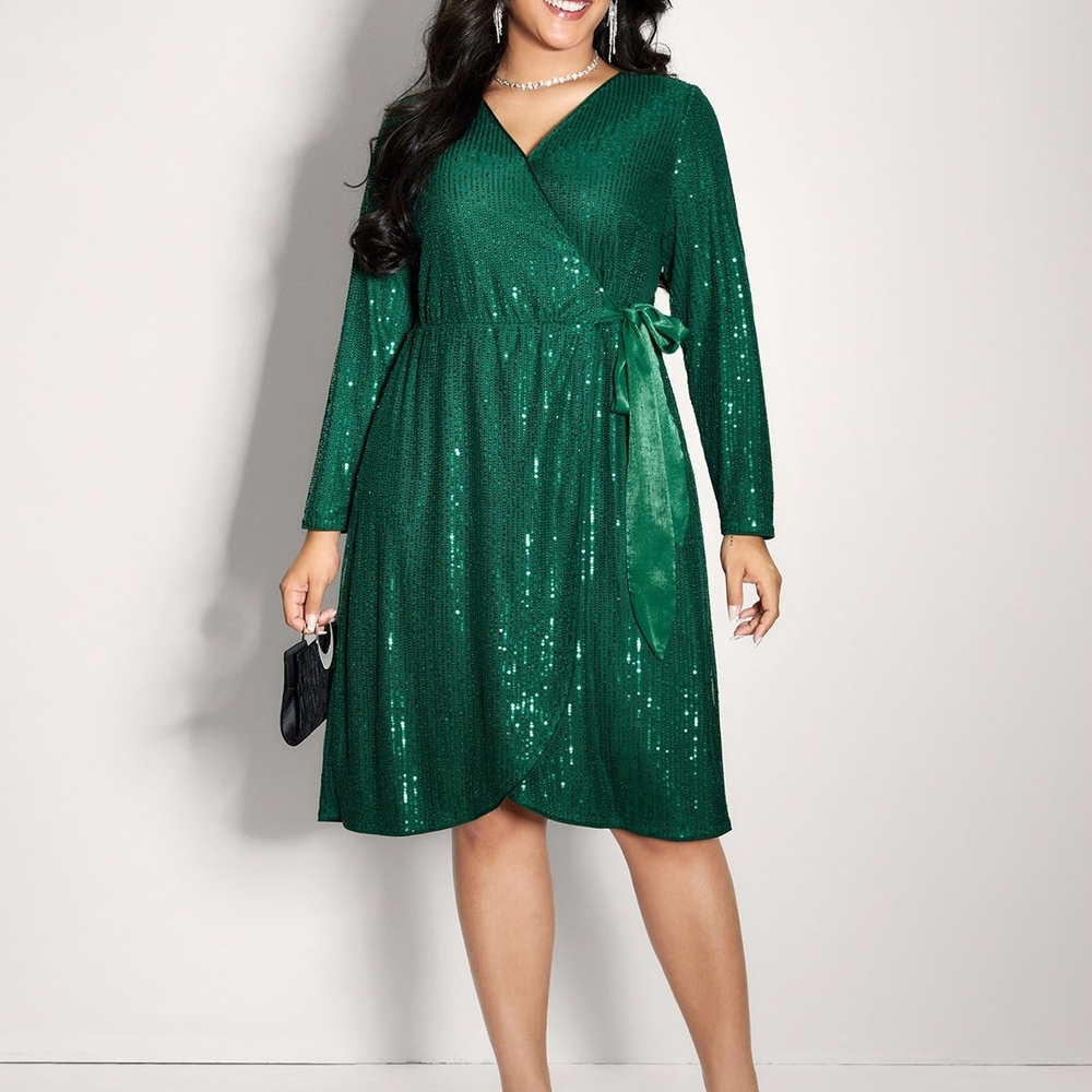 Elegant Green Sequin Wrap Dress